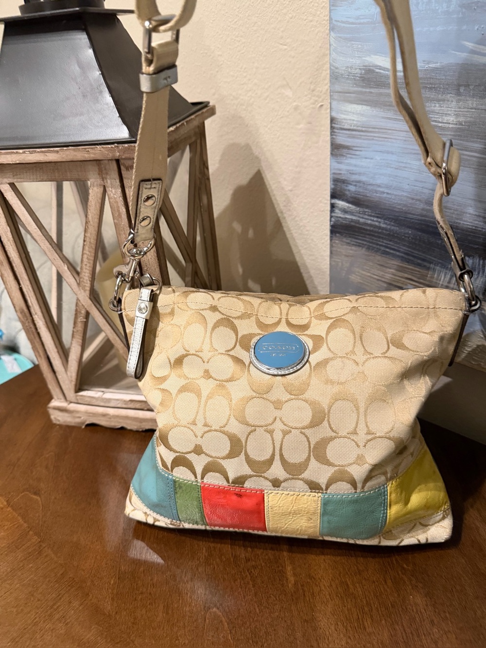 Coach Beige Signature Canvas Shoulder Bag with Multicolor Patch Trim